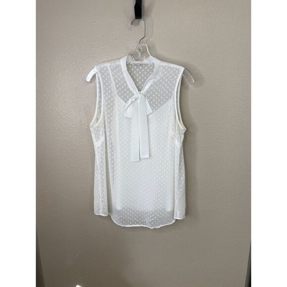 Daniel Rainn Sleeveless Polka Dot Tie-Neck Blouse Womens M Sheer White Polyester - Picture 1 of 7